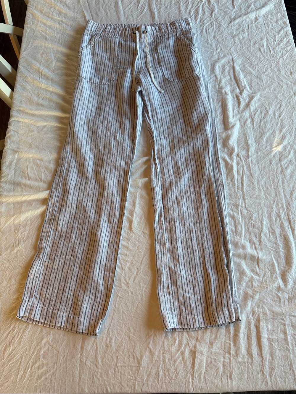 100% Linen Athleta Blue and White Striped Drawstring pants